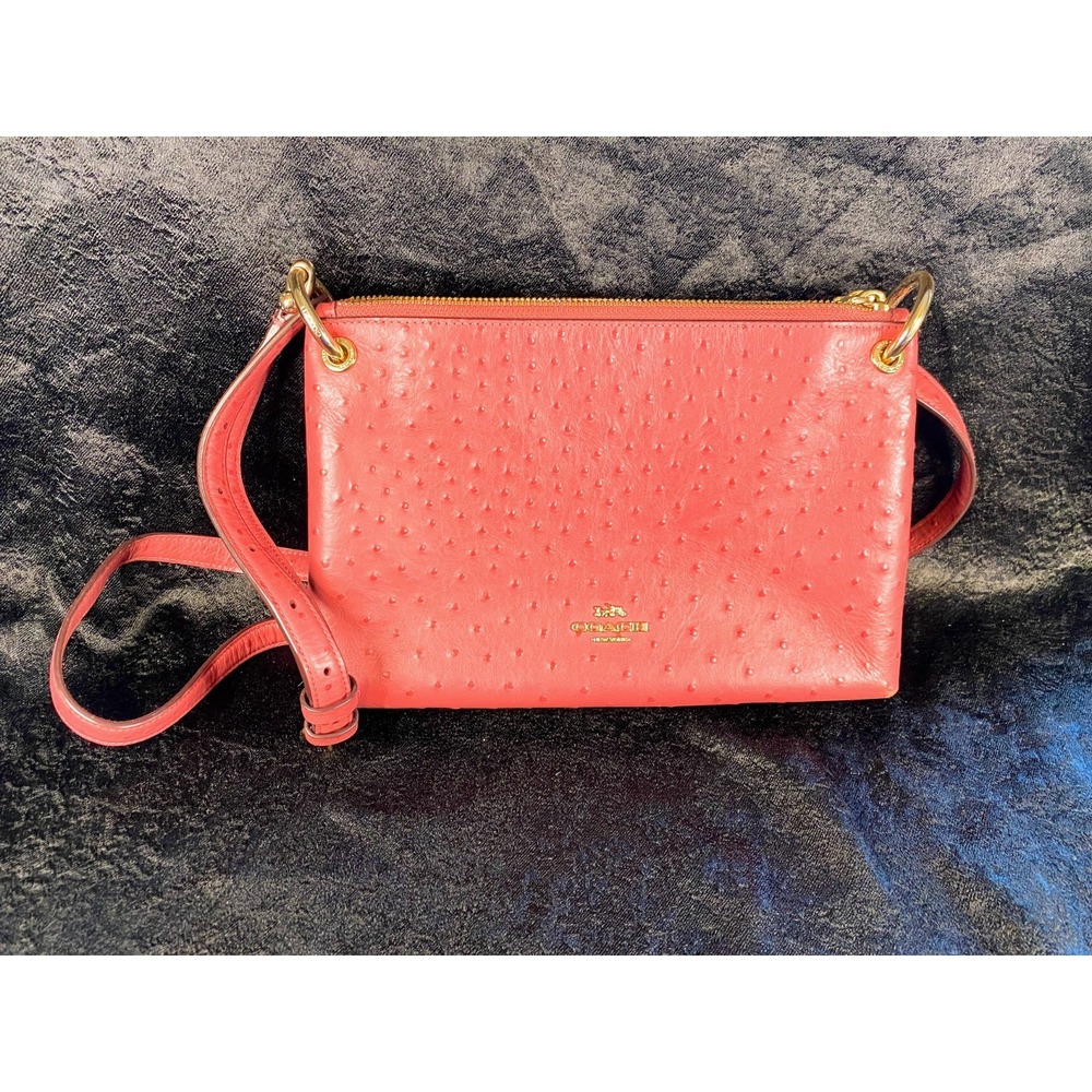 Coach Pink Mia Ostrich Embossed Leather Zip Crossbody Shoulder Bag